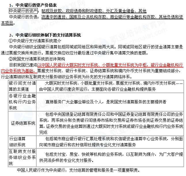 2014年中级经济师经济基础知识：中央银行的资产负债及支付清算系统