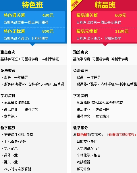 经济师特色班、精品班班次对比