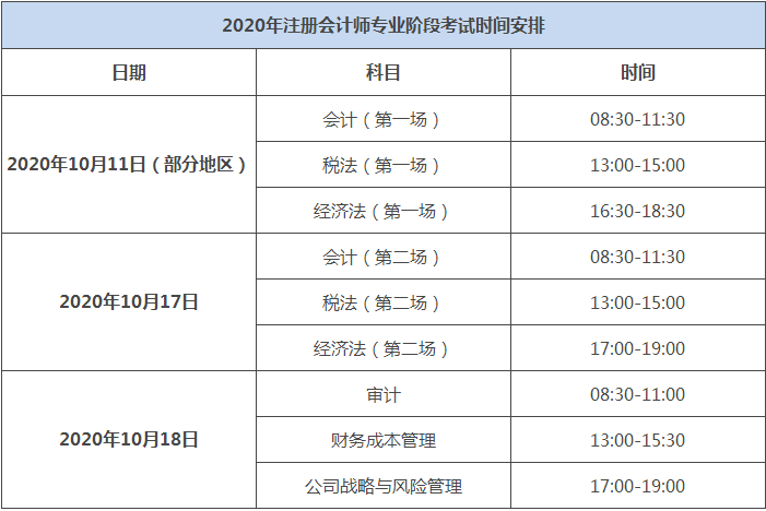 2020年注册会计师专业阶段考试时间是是什么时候？
