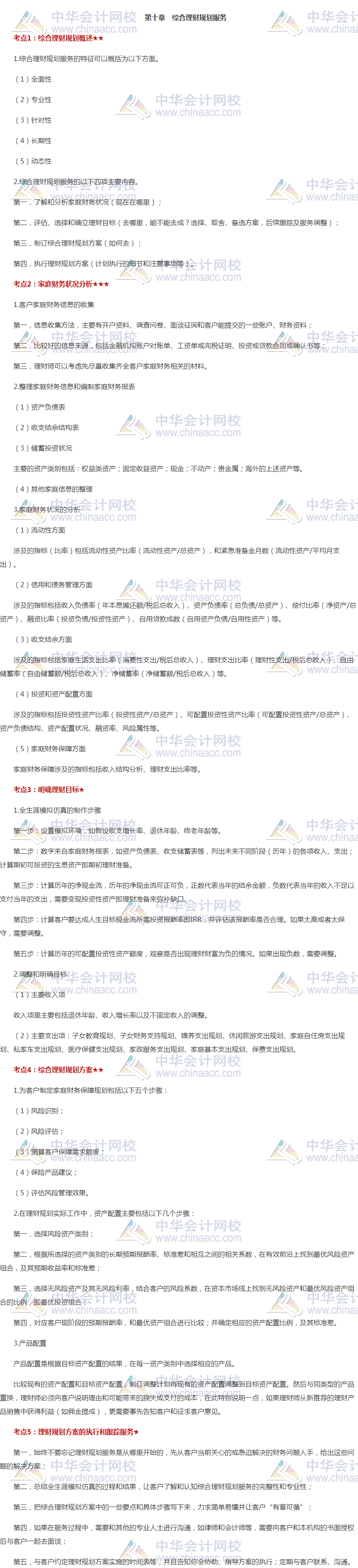 银行中级《个人理财》高频考点：第十章 综合理财规划服务