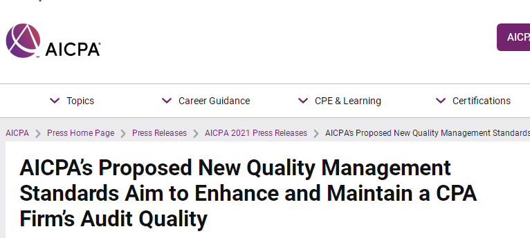 AICPA美国注册会计师协会就质量管理相关准则征求意见