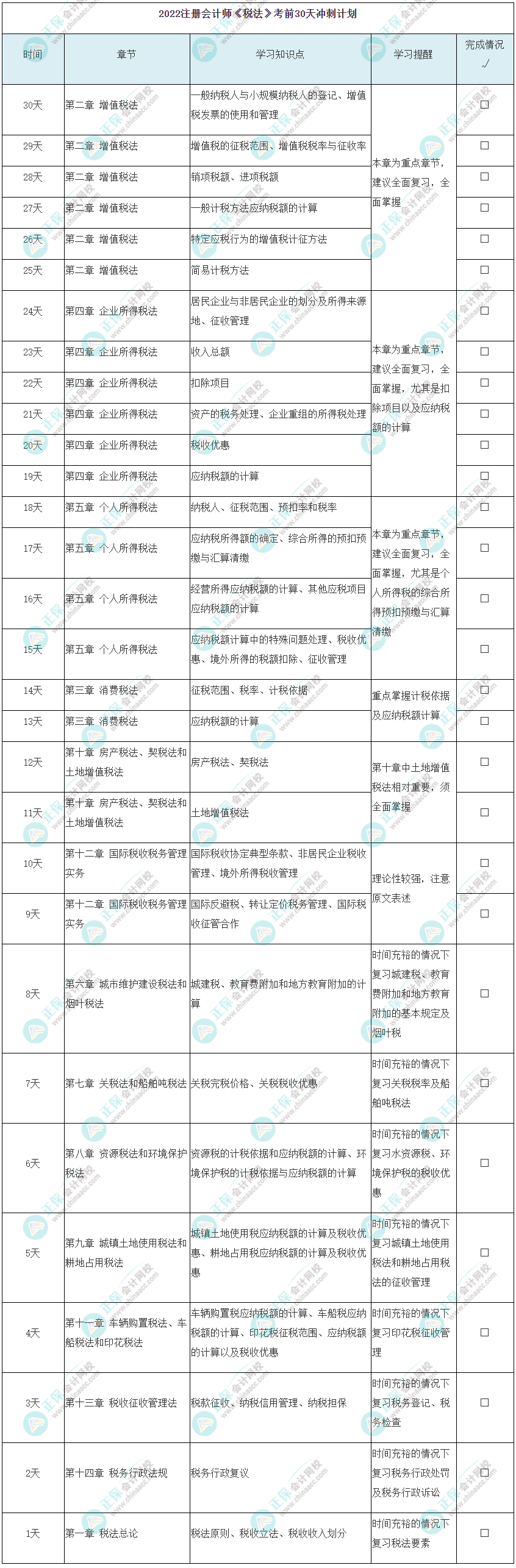 2022年注会《税法》考前30天学习计划上线！速看