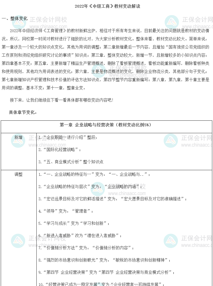 2022年中级经济师《工商管理》教材变动解读
