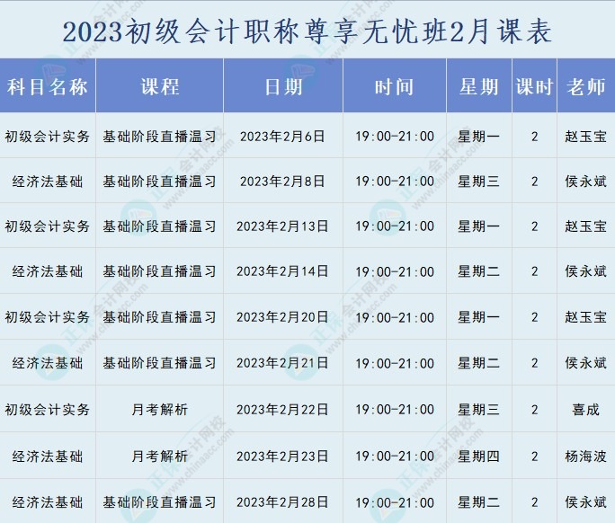 2023年初级会计职称尊享无忧班直播课表