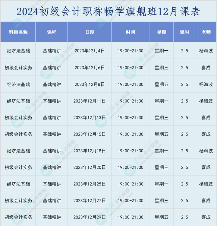 2024年初级会计职称畅学旗舰班直播课表安排