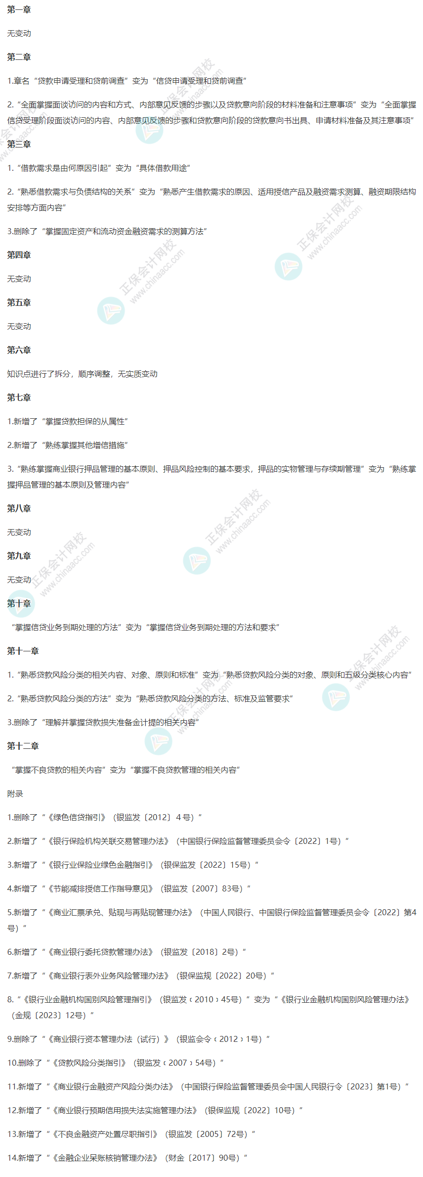 2024年《公司信贷(中级)》大纲对比 2024年《公司信贷(中级)》大纲对比