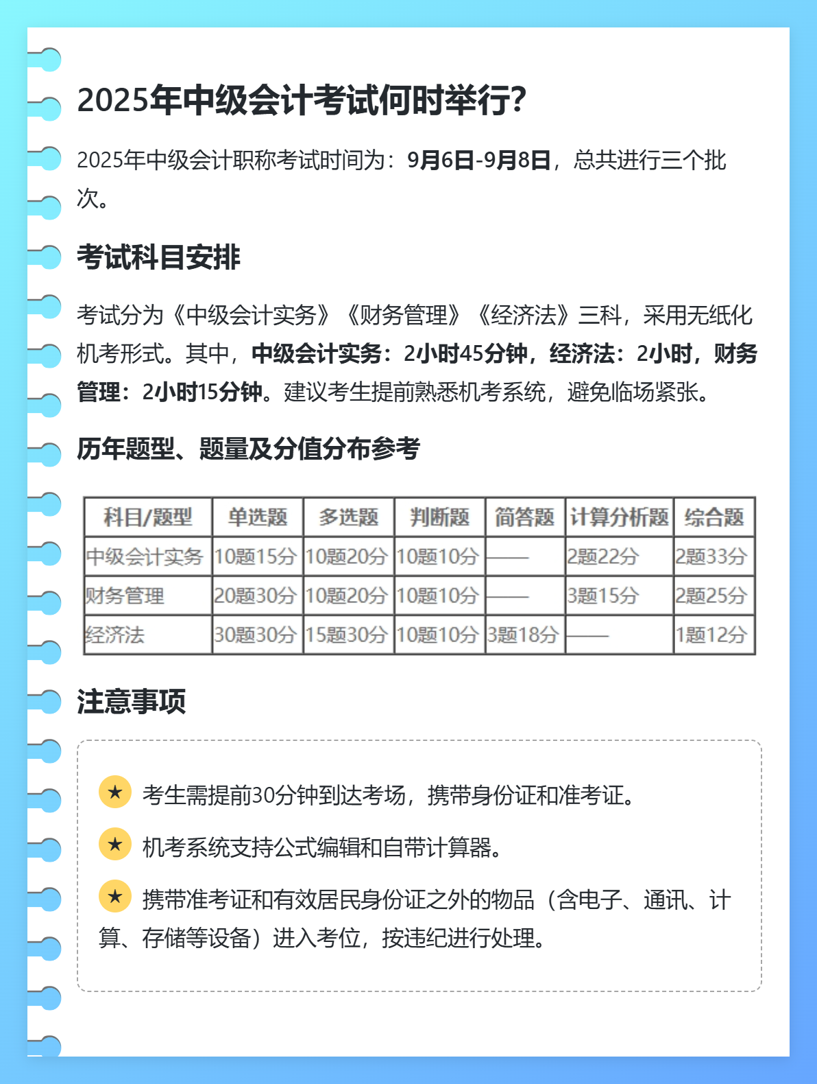 2025年中级会计考试何时举行？考试题型题量有哪些？