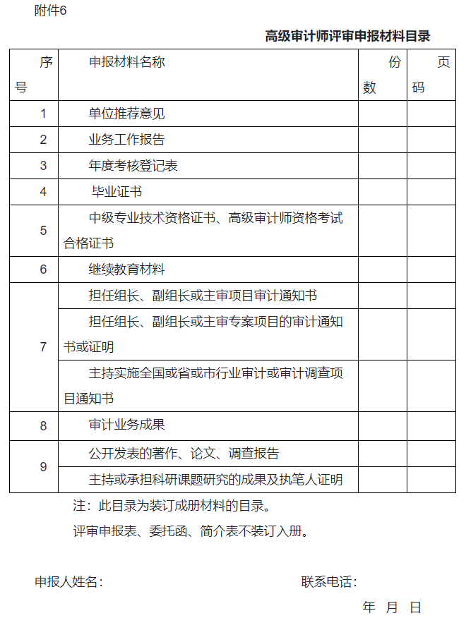 高级审计师评审申报材料目录