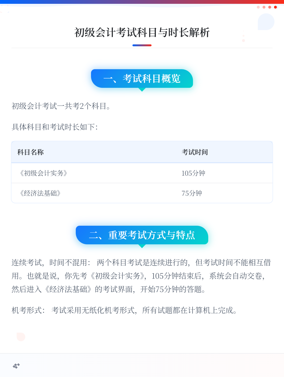 初级会计考试一共考几科？各科的考试时长是多久？1