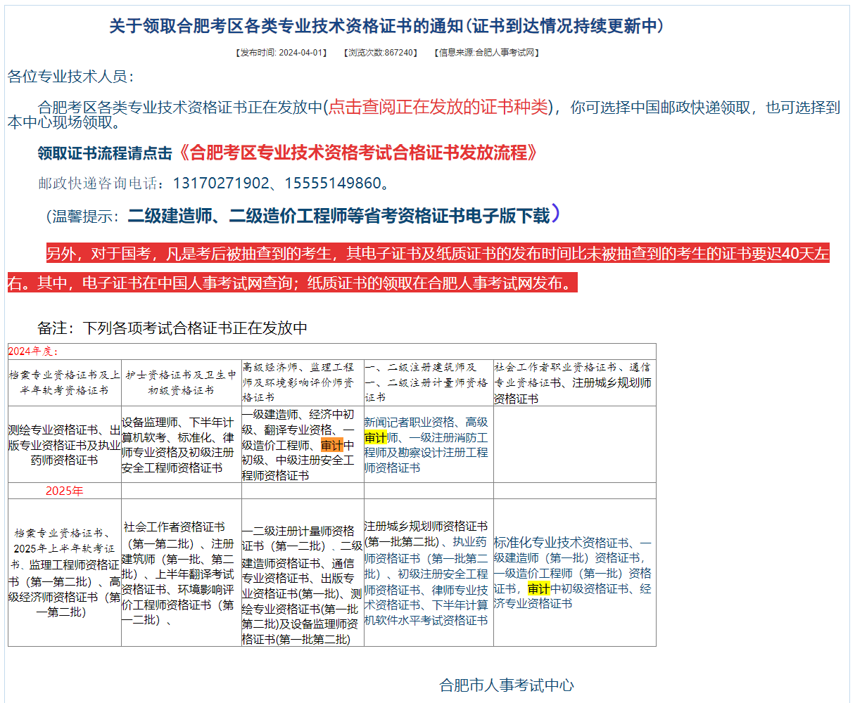 安徽合肥2025年初中级审计师证书领取通知