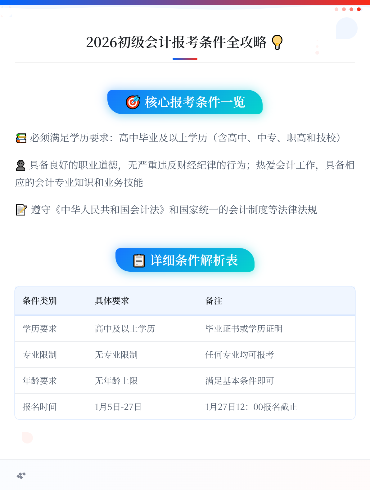 报考2026年初级会计职称考试 需要满足什么条件？1