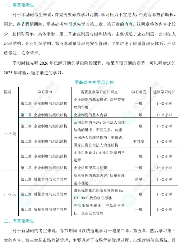 2026 年《高级工商管理》春节期间学习计划