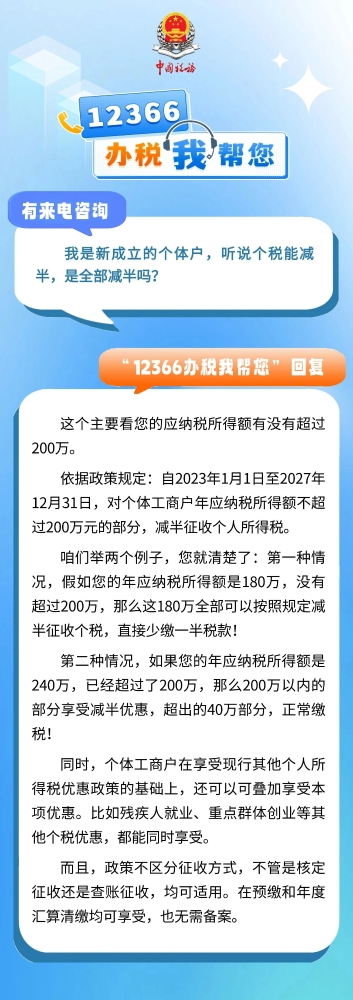 新成立的个体户，听说个税能减半，是全部减半吗？