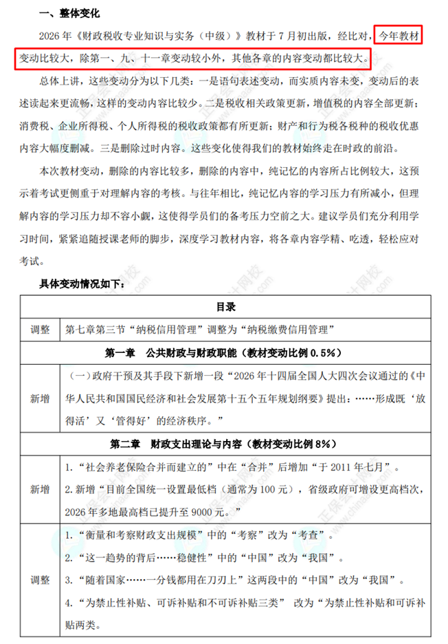 中级经济师《财政税收》教材变动对比