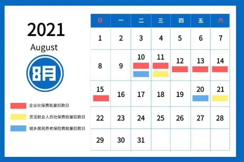 【税局提醒】2021年8月社会保险费征缴时间安排